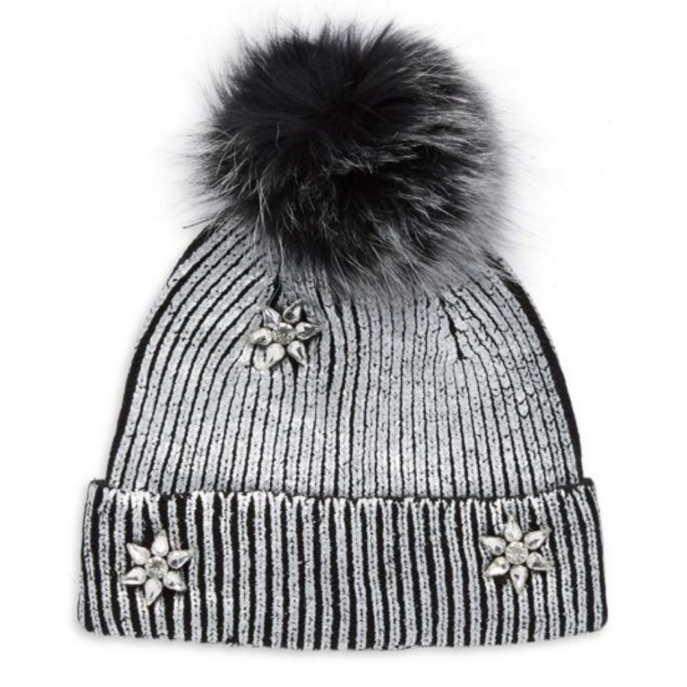 GLAMOURPUSS NYC Embellished Metallic Knit & Fox Fur Pom-Pom Beanie